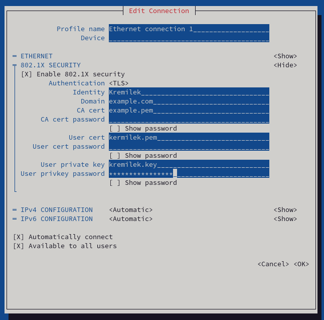Configuring 802.1x port authentication with nmtui nmtui
