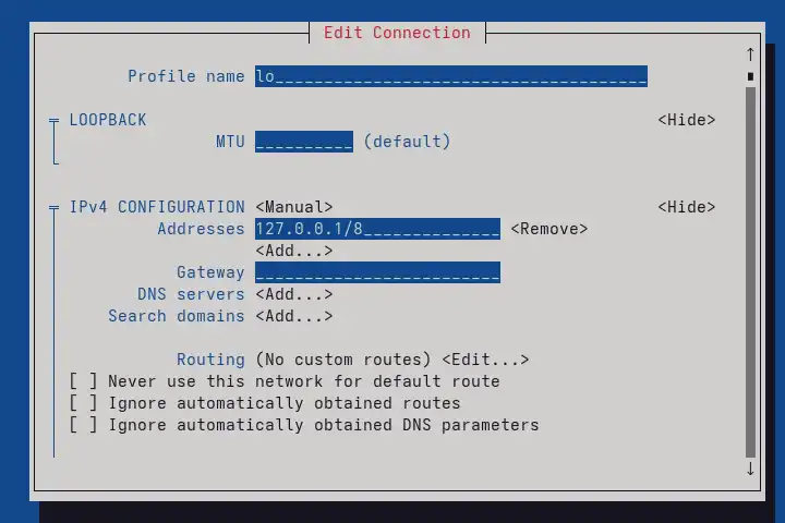 Available properties for loopback connection